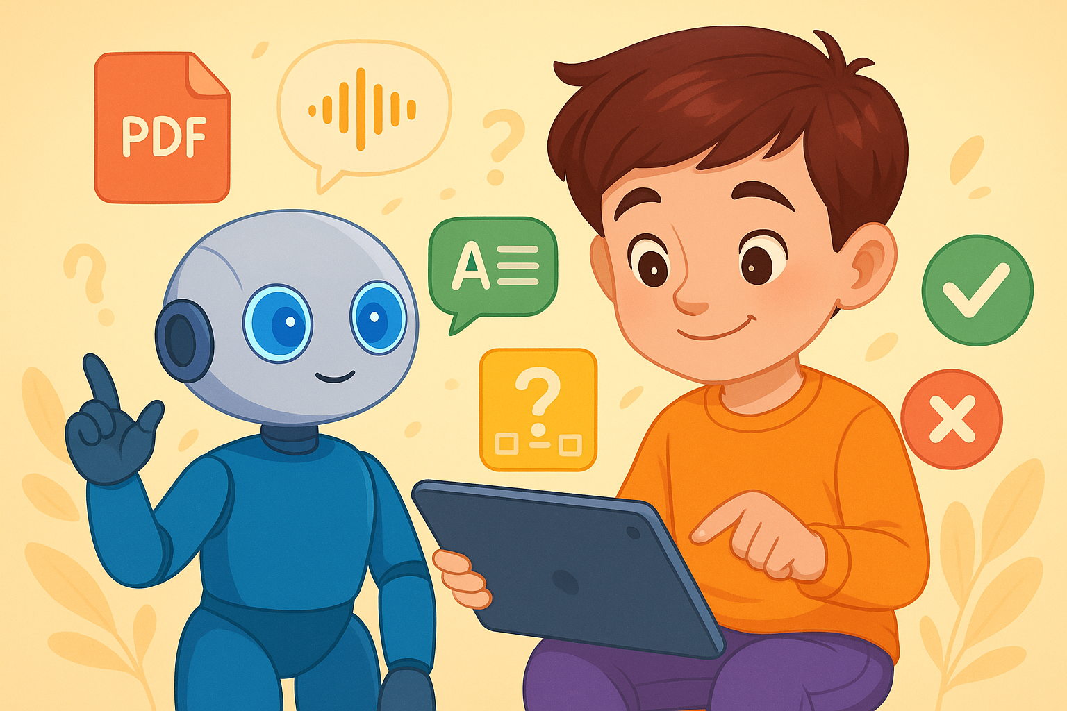 AI generating educational questions from PDF book, digital interface, colorful illustration